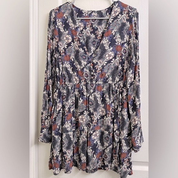 Free People Long Sleeve Stealing Fire V-neck Button Loop Bodice A-line Dress - Picture 2 of 12
